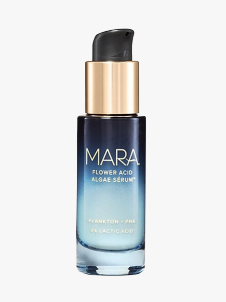 Blue bottle of Mara Flower Acid Algae Serum on light gray background