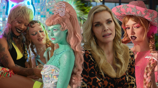 A collage of images showing the actors wearing various wigs from the TV series Margo's Got Money Troubles