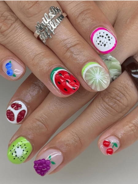 Fruit nail art on short nails