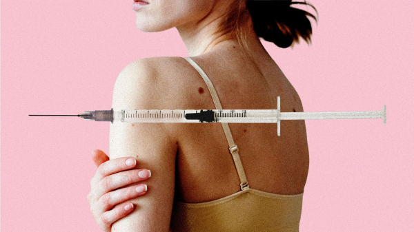 A collage of images including a woman's back and a large needed superimposed over it representing a potential skincancer...