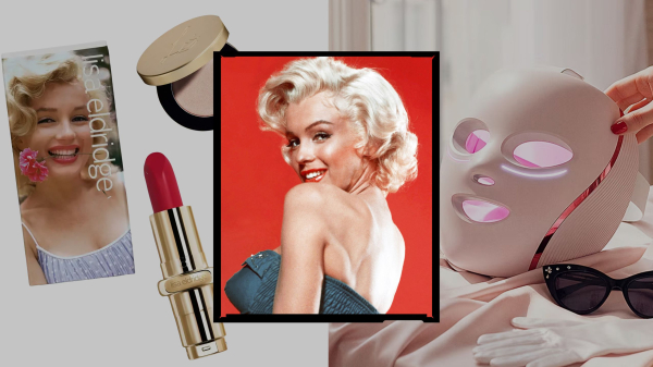 Marilyn Monroe with a red background over a collage of Marilyn Monroe themed makeup and LED mask